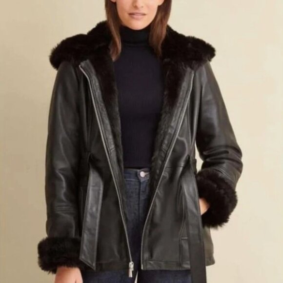 Wilsons Leather Genevieve Hooded, Belted Leather Jacket - Medium - Picture 1 of 11